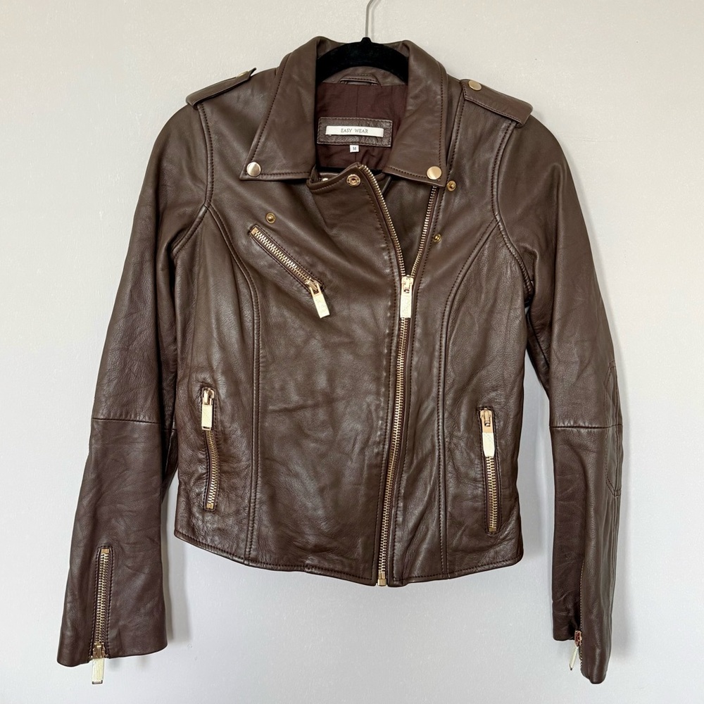 Chocolate Brown Soft Lamb Leather Moto Jacket with Gold Accents women size S/M